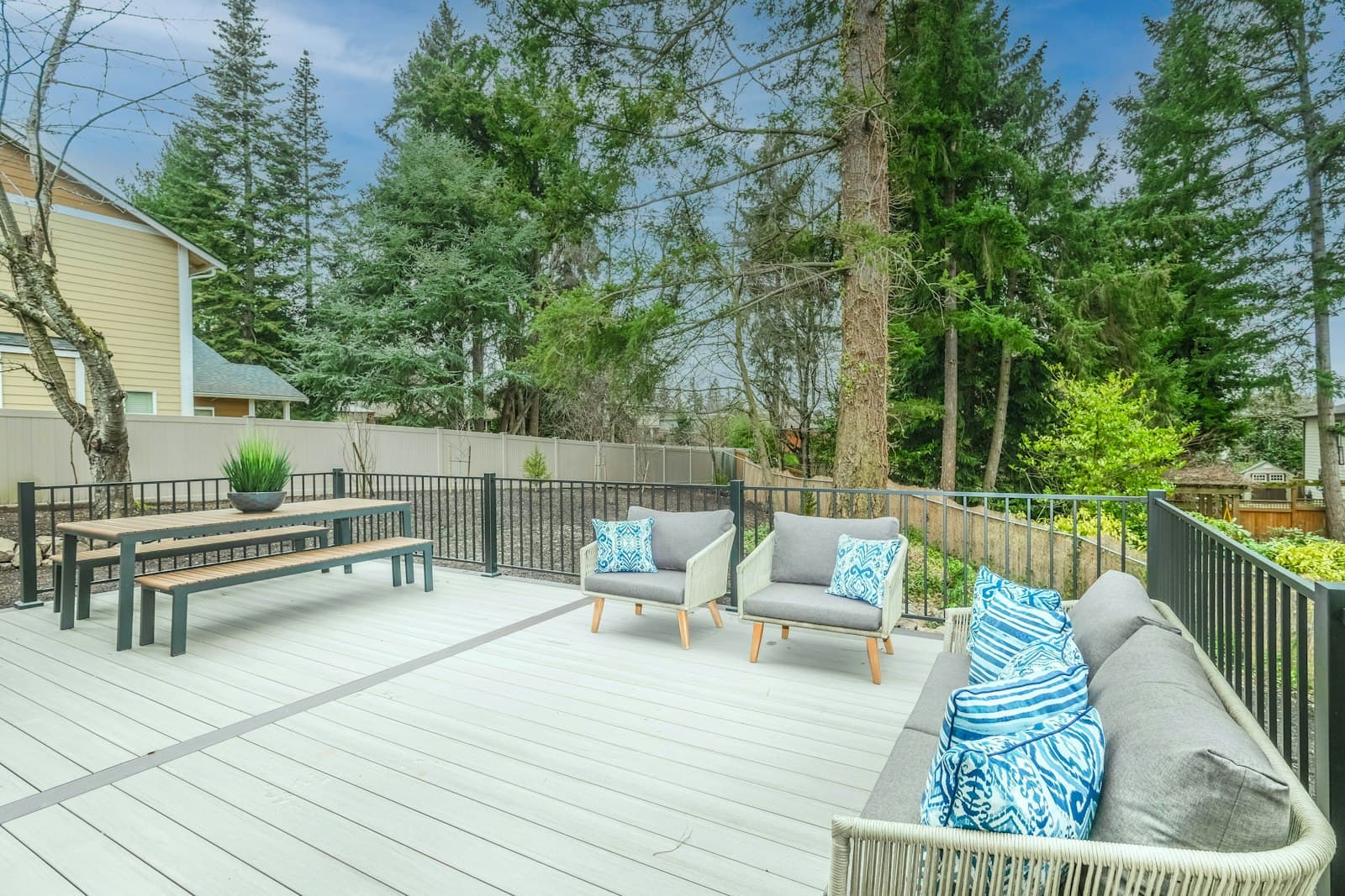 Backyard deck with a built-in seating area